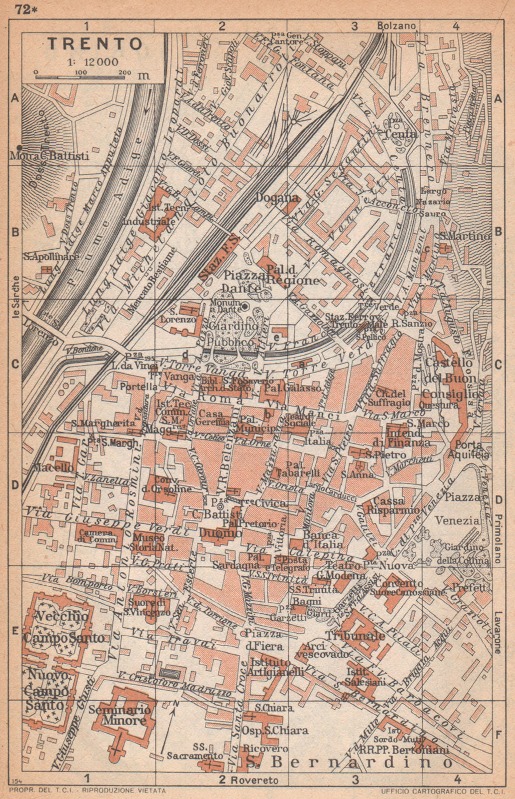 TRENTO vintage town city map plan pianta della città. Italy 1958 old